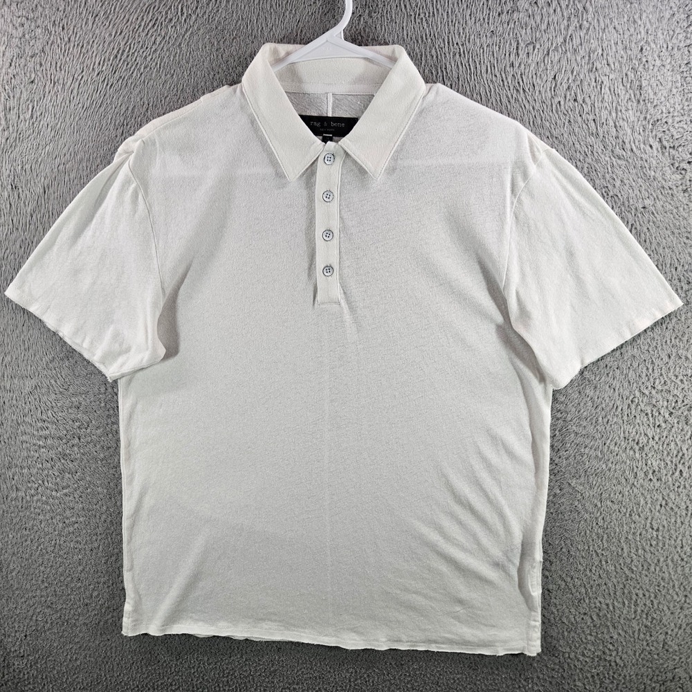 Rag & Bone Mens White Linen Blend Short Sleeve 4-Button Polo Shirt Size M